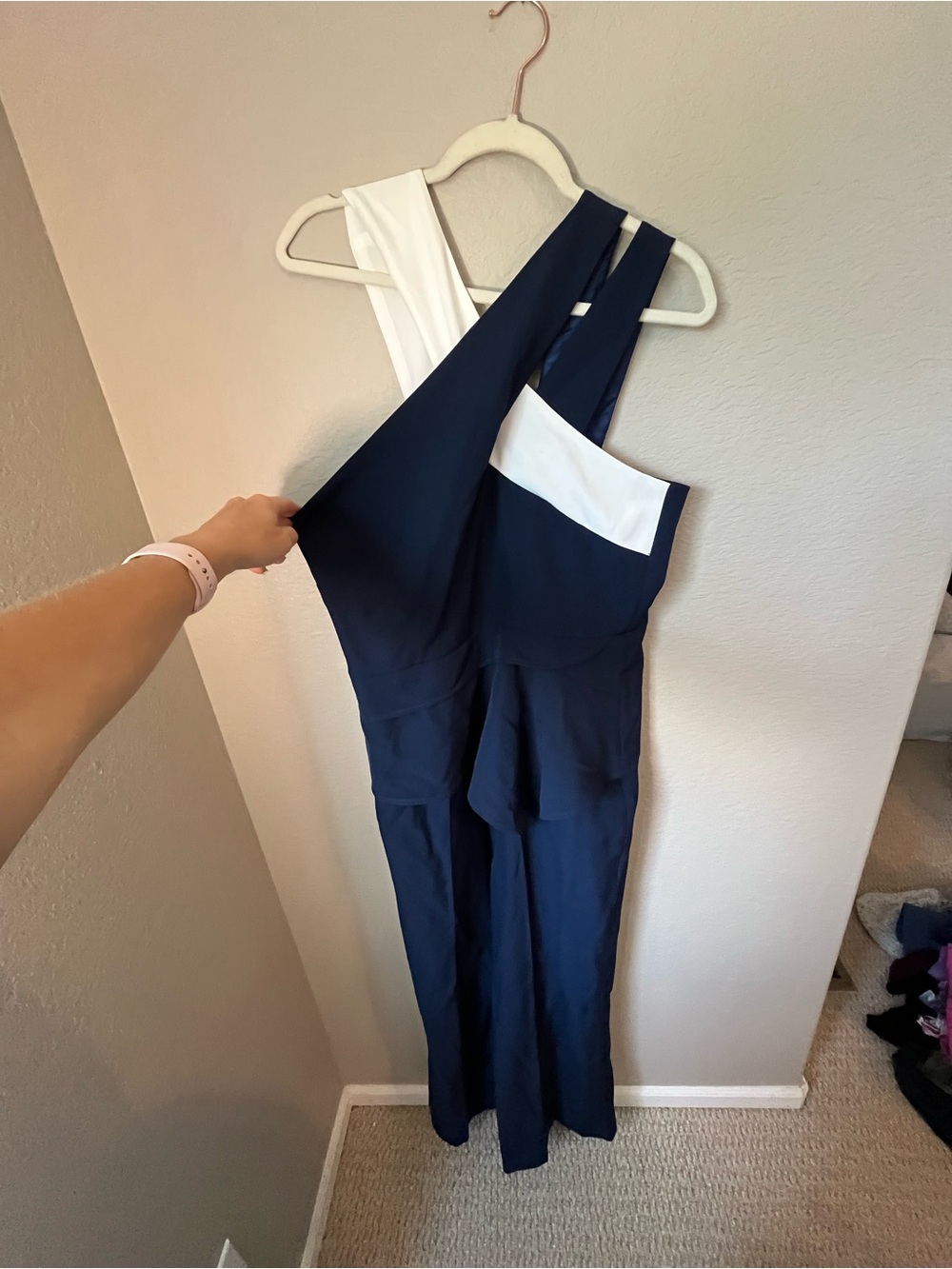 NWT FEHAUTE Navy White Colorblock Wide Leg Jumpsuit Size 12 Wedding Elegant